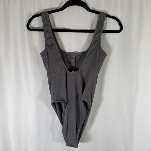 Aerie Swim One Peice Long Women's Medium Grey Ribbed Sleevless Padded Snap Front - Picture 7 of 11
